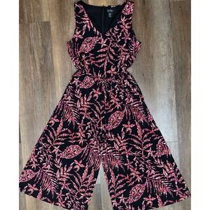 Nicole Miller Womens Jumpsuit Neon Palm Leaf Wide Leg Crop Pockets Stretch Sz M‎